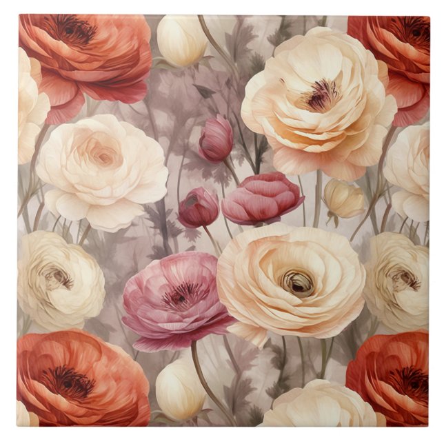 Azulejo Flores de crema de borgoña (Frente)