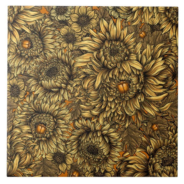 Azulejo Flores de crisantemo amarillo y escarabajos naranj (Frente)