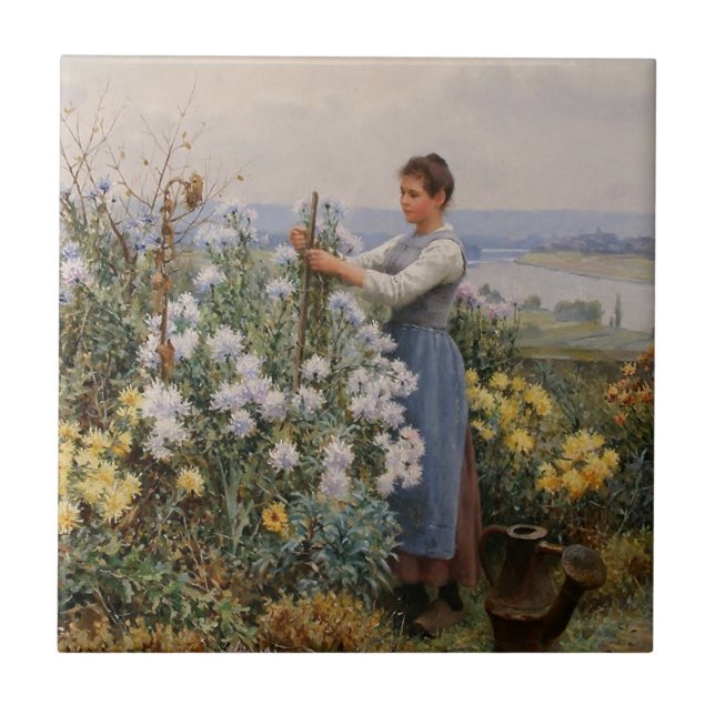 Azulejo Flores de crisantemo (Chica en el jardín) (Frente)