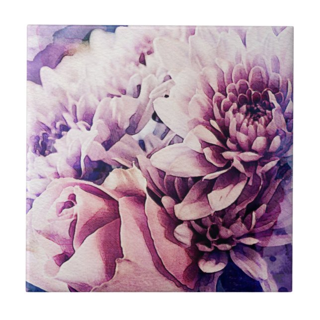 Azulejo Flores de crisantemo rosado Rosa púrpura pastel (Frente)