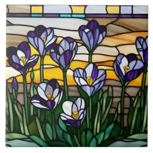Azulejo Flores de crocus púrpura de vidrio templado