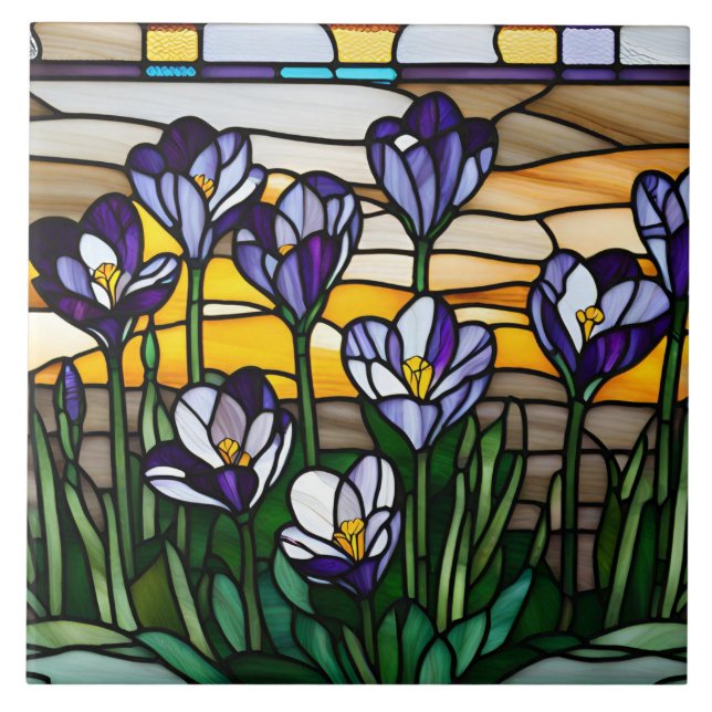 Azulejo Flores de crocus púrpura de vidrio templado (Frente)