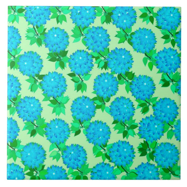Azulejo Flores de dalia en azul turquesa y verde (Frente)