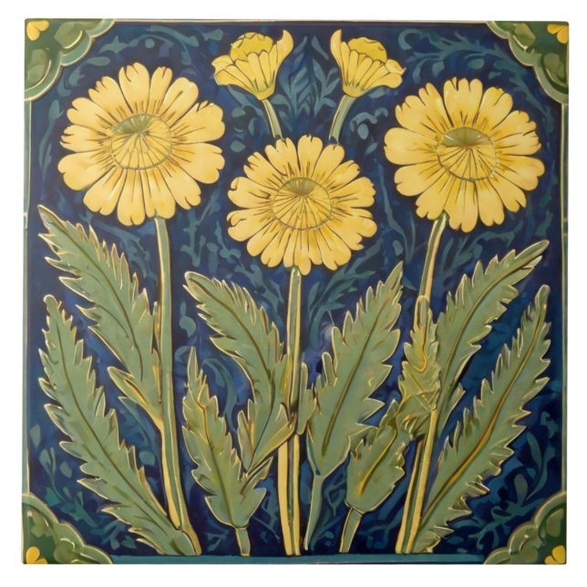 Azulejo Flores de Dandelion Art Deco Nouveau Floral amaril (Frente)