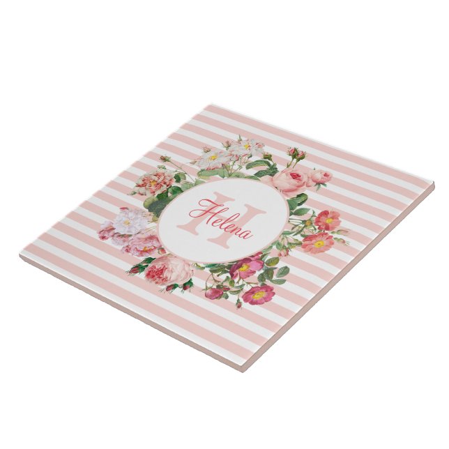 Azulejo Flores de época Bandas rosas Monograma (Lado)
