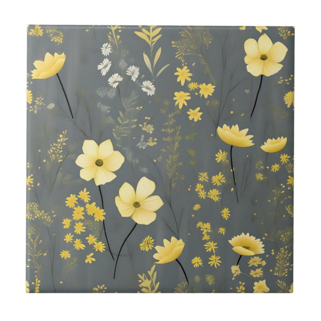 Azulejo Flores de época gris y amarillo (Frente)