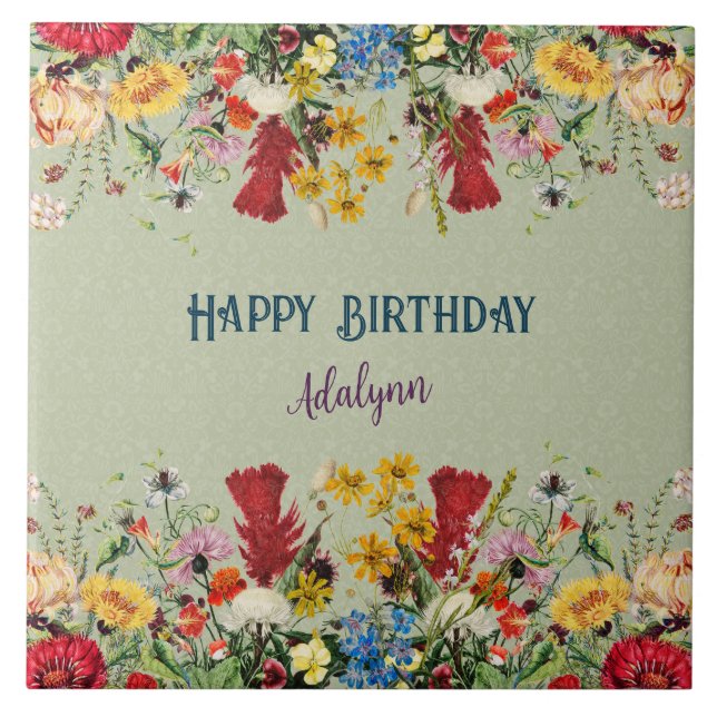 Azulejo Flores de época Personalizado Saludo Nombre Pastel (Frente)