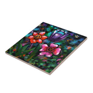 Azulejo Flores de flores extrañas púrpuras y azules extrav