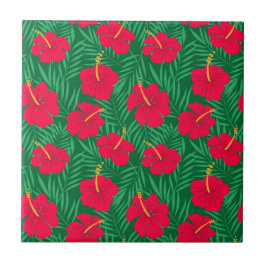 Azulejo Flores de Hibisco Rojas sobre Hojas Tropicales Ver