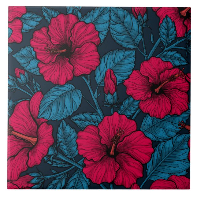 Azulejo Flores de hibiscos rojos (Frente)