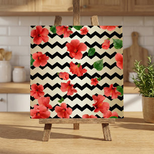 Azulejo Flores De Hibiscus Rojas En Chevron Negro Y Beige