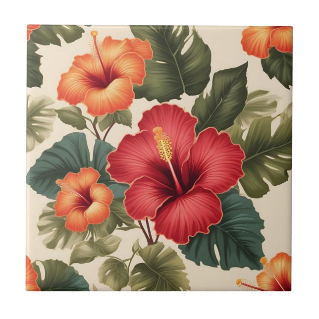 Azulejo Flores de Hibiscus Tropical Retro (Frente)