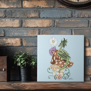 Azulejo Flores de Hongo de Dragón de Fantasía Verde Capric