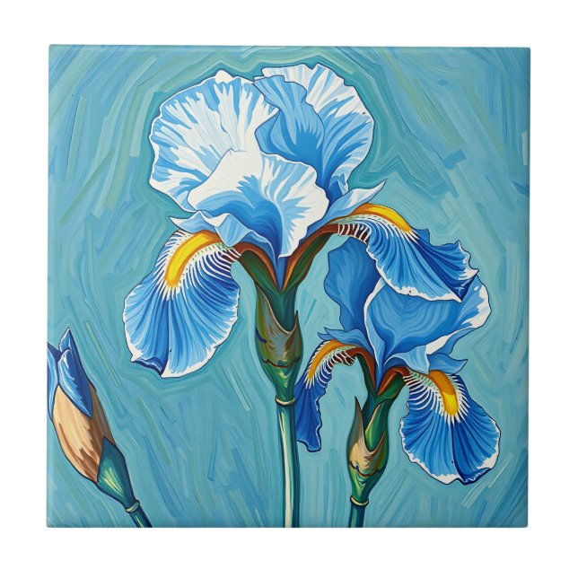 Azulejo Flores de Iris Azul Patrón Artístico (Frente)