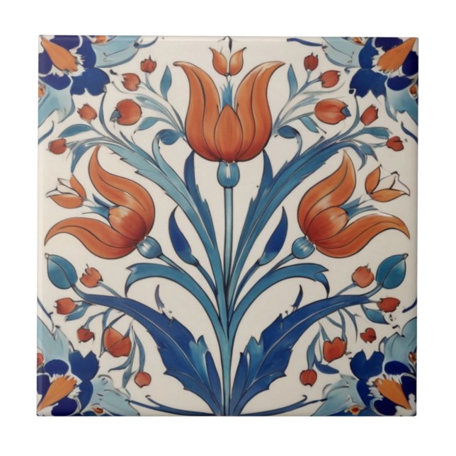 Azulejo Flores de Iznik verdes Naranja floral de tulipanes (Frente)