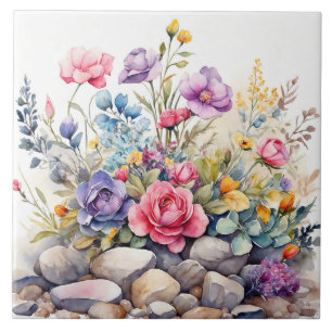 Azulejo Flores de jardín acuático sobre las rocas
