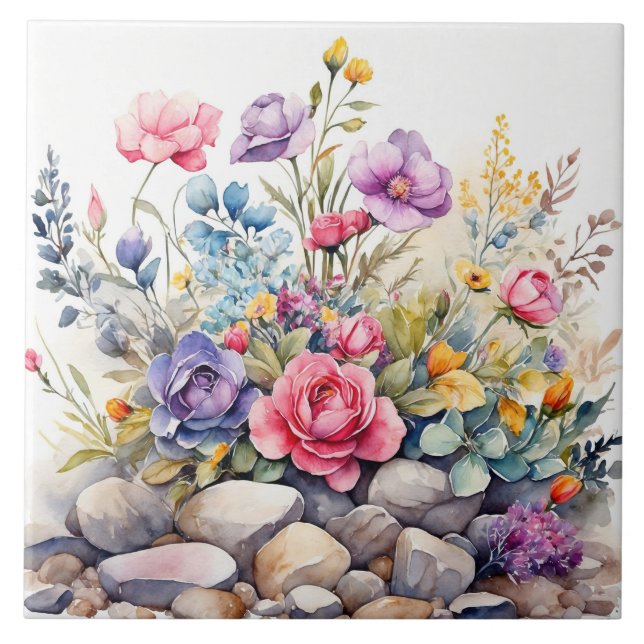 Azulejo Flores de jardín acuático sobre las rocas (Frente)