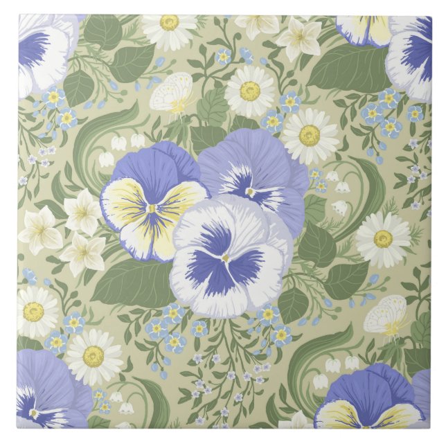 Azulejo Flores de jardín de primavera sobre salvia (Frente)