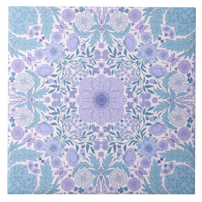 Azulejo Flores de jardín retro en azul y violeta (Frente)