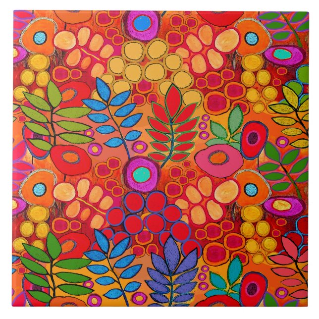 Azulejo Flores de jardín soleadas - Naranja amarillo rojo (Frente)