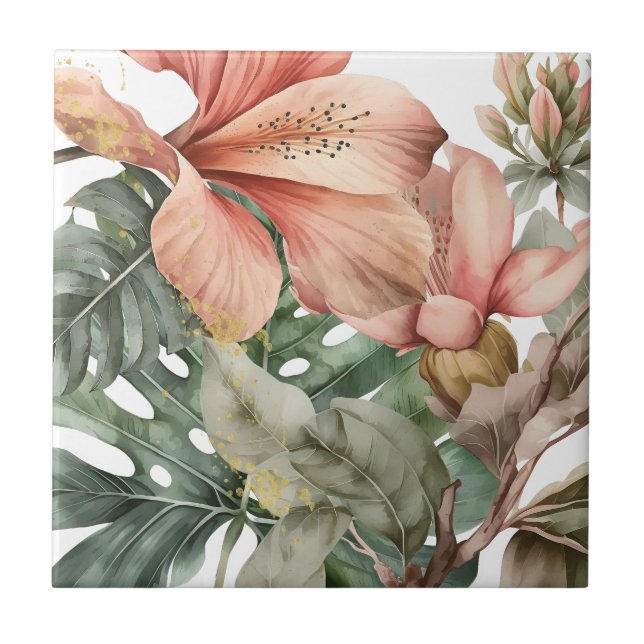 Azulejo Flores de jungla acuarela Peach Gold Splash (Frente)