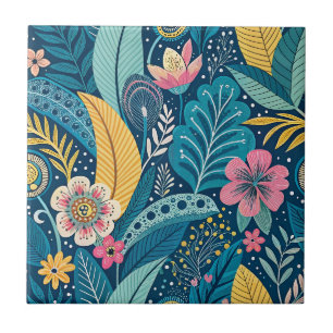 Azulejo Flores de Jungla Teal Tropicales y Patrón Floral B