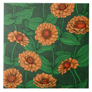 Azulejo flores de la zinnia naranja, hojas verdes sobre ve
