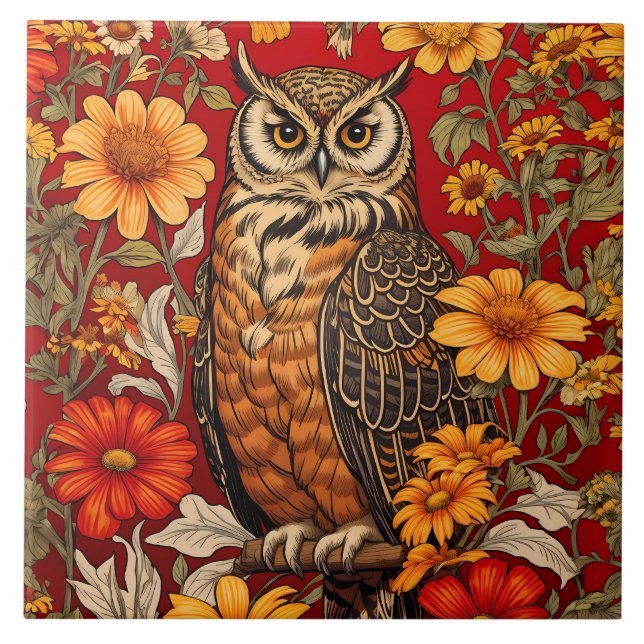 Azulejo Flores De Lechuza Y Zinnia A La Rasa (Frente)