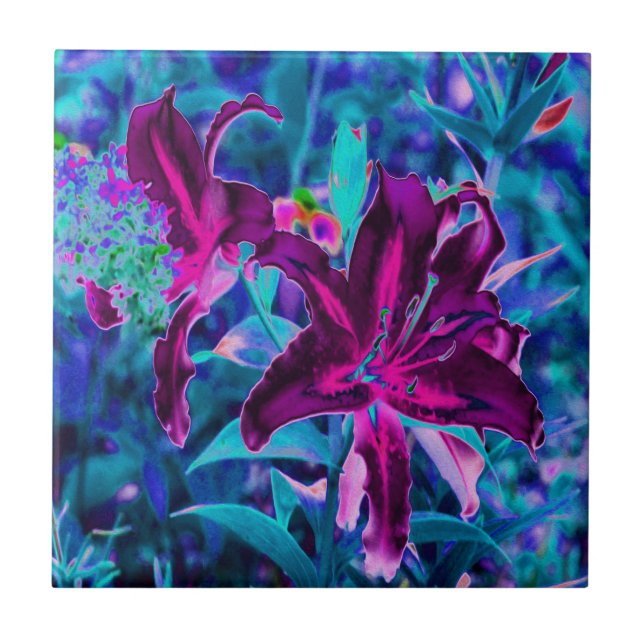 Azulejo Flores de lirio orientales abstractas púrpura y ro (Frente)