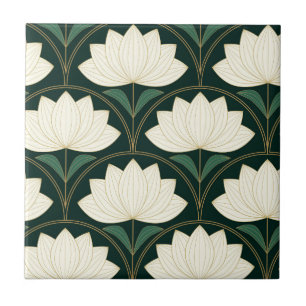 Azulejo Flores de Loto Art Déco en Abanicos Dorados