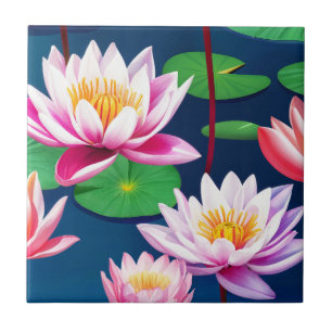 Azulejo Flores de Loto Blancas Rosadas y Hojas Verdes