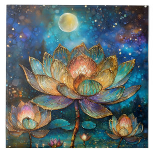 Azulejo Flores de Loto de Vidrio Pintado en la Luz de la L