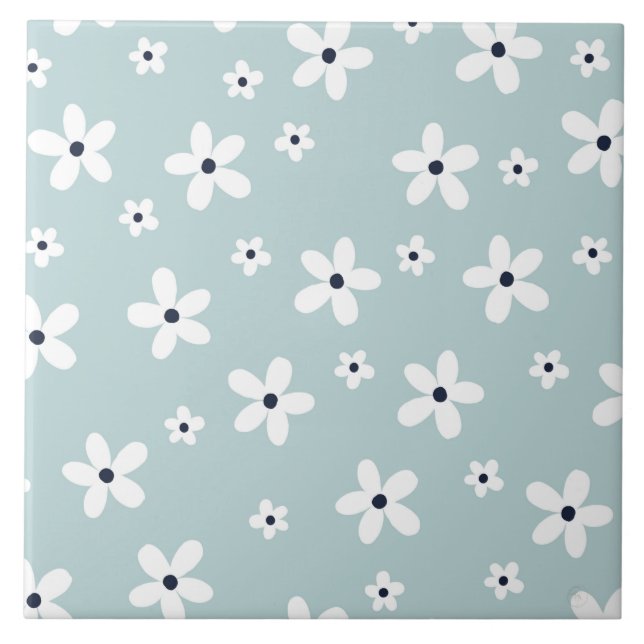 Azulejo Flores de margarita blanca azul Boho de verano (Frente)