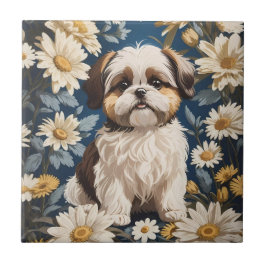 Azulejo Flores de margarita blanca de perro chiita tzu