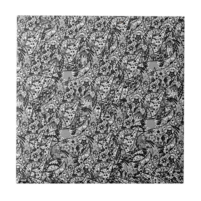 Azulejo Flores de mosaico cerámico arte Resumen negro y bl (Frente)