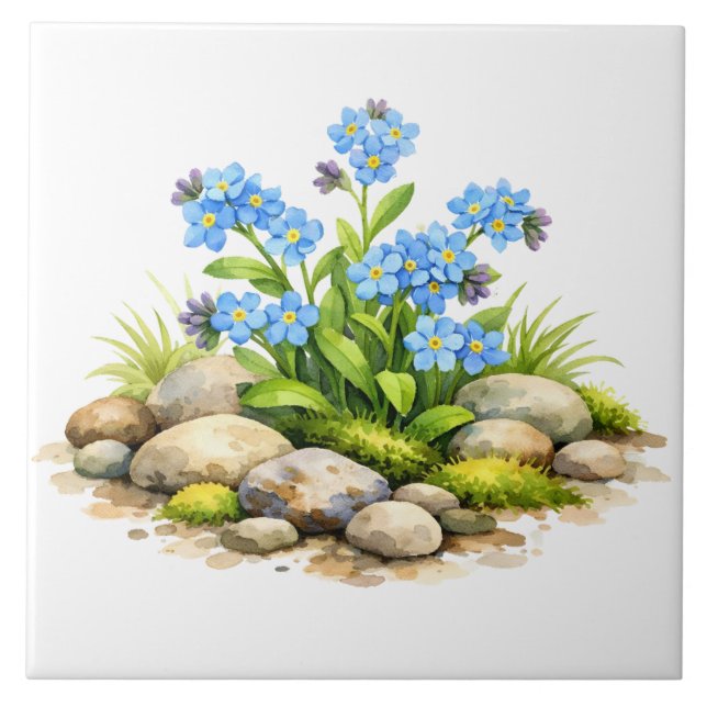 Azulejo Flores de nomeolvides acuarela junto a las rocas (Frente)