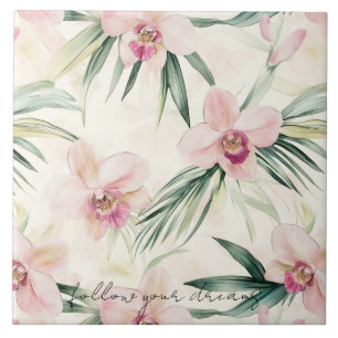 Azulejo Flores de orquídeas tropicales rosadas de bonito