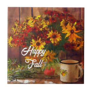 Azulejo Flores de otoño y taza con texto personalizable