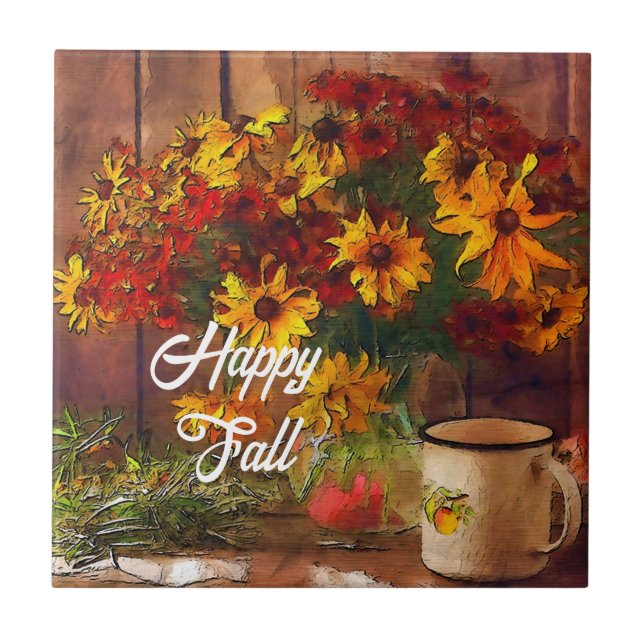 Azulejo Flores de otoño y taza con texto personalizable (Frente)