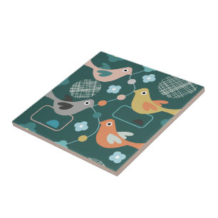 Azulejo Flores de pájaros Patrón retro moderno de mediad