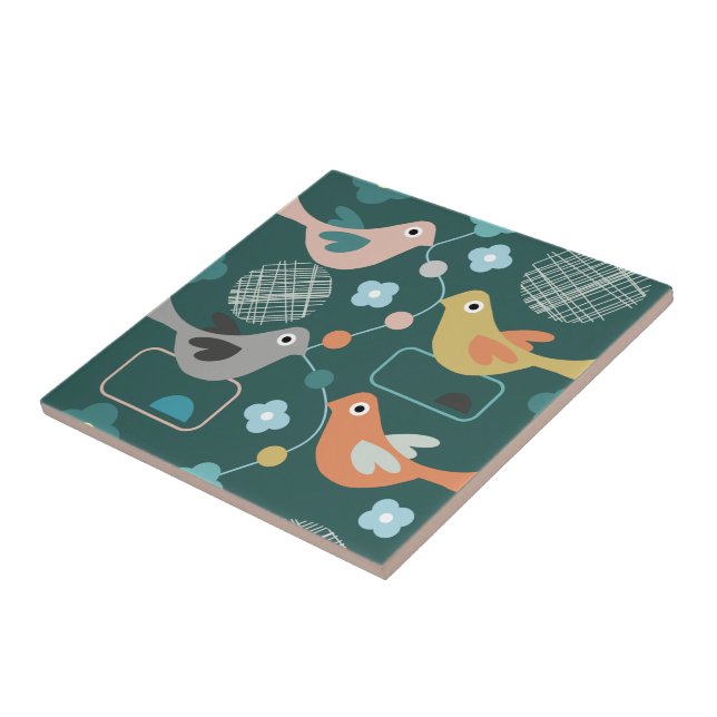 Azulejo Flores de pájaros Patrón retro moderno de mediados (Lado)