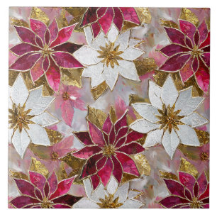 Azulejo Flores de Pascua Burgundy Rosa Oro Blanco Navidad
