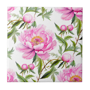 Azulejo Flores de peones rosados con hojas verdes sabrosas