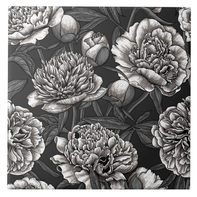 Azulejo Flores de peonía blanca en gris oscuro (Frente)