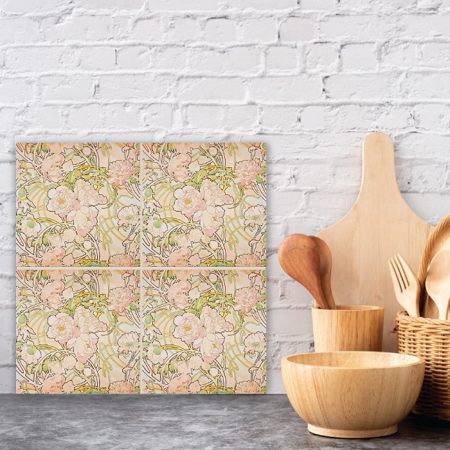 Azulejo Flores de peonía rosada Alphonse Mucha (Subido por el creador)