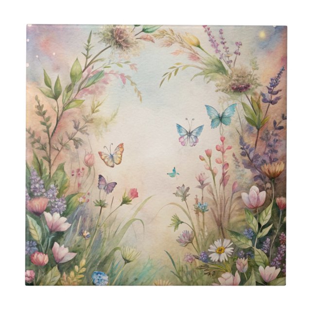 Azulejo Flores de pradera y mariposas (Frente)