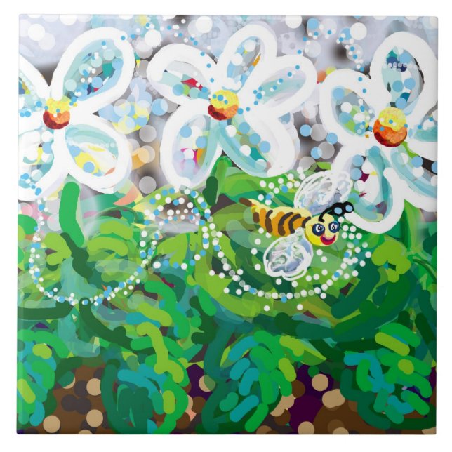 Azulejo flores de primavera y abeja feliz (Frente)