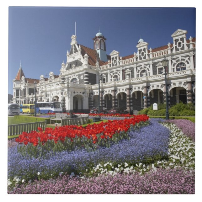 Azulejo Flores de primavera y estación de tren histórica, (Frente)