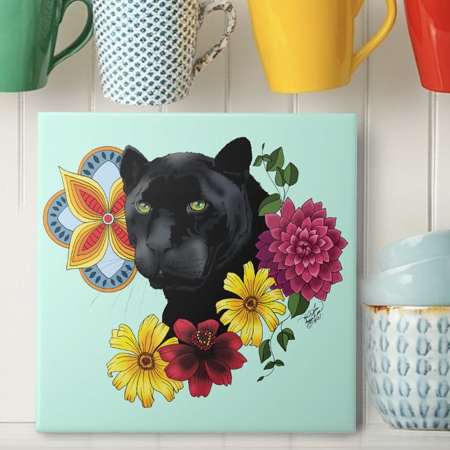 Azulejo Flores de retrato jaguar negro (Subido por el creador)