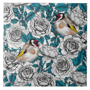 Azulejo Flores de rosa blanca y pájaros dorados